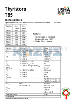 T85/06 datasheet - Thyristor. D.C. motor control, controlled rectifiers, A.C. controllers. Vrrm = 600V, Vrsm = 700V.