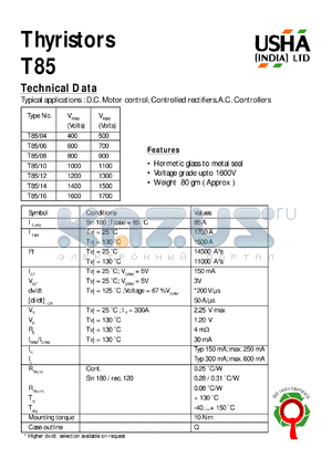 T85/10 datasheet - Thyristor. D.C. motor control, controlled rectifiers, A.C. controllers. Vrrm = 1000V, Vrsm = 1100V.