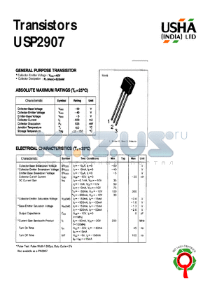 USP2907 datasheet - General purpose transistor. Vcbo = -60V, Vceo = -40V, Vebo = -5V, Ic = -600mA, Pc = 625mW