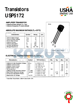 USP5172 datasheet - Amplifier transistor. Vcbo = 25V, Vceo = 25V, Vebo = 5V, Ic = 100mA, Pc = 625mW