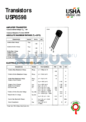 USP8598 datasheet - Amplifier transistor. Vcbo = -60V, Vceo = -60V, Vebo = -5V, Ic = -500mA, Pc = 625mW