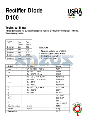 D100/12 datasheet - Rectifier diode. All purpose mean power rectifier diodes, Non-controllable rectifiers. Free-wheeling diodes. Vrrm = 1200V, Vrsm = 1300V.