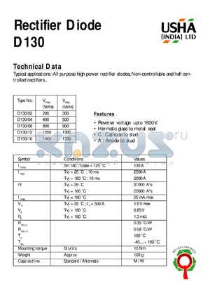 D130/02 datasheet - Rectifier diode. All purpose high power rectifier diodes, Non-controllable and half controlled rectifiers. Vrrm = 200V, Vrsm = 300V.