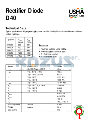 D40/08 datasheet - Rectifier diode. All purpose high power rectifier diodes, non-controllable and half controlled rectifiers. Vrrm = 800V, Vrsm = 900V.