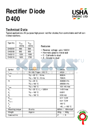 D400/08 datasheet - Rectifier diode. Vrrm = 800V, Vrsm = 900V. All purpose high power rectifier diodes, non-controllable and half-controlled rectifiers.