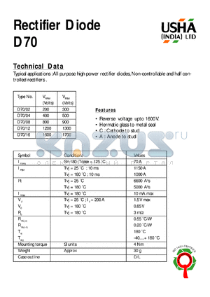 D70/02 datasheet - Rectifier diode. Vrrm = 200V, Vrsm = 300V. All purpose high power rectifier diodes. Non-controllable and half controlled rectifiers.