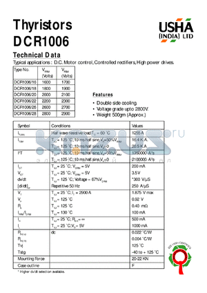 DCR1006/18 datasheet - Thyristor. Vrrm = 1800V, Vrsm = 1900V. D.C. motor control, controlled rectifiers, high power drives.