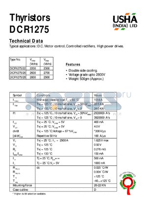 DCR1275/28 datasheet - Thyristor. Vrrm = 2800V, Vrsm = 2900V. D.C. motors control, controlled rectifiers, high power drives.