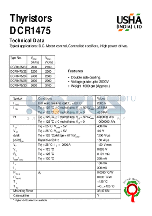 DCR1475/28 datasheet - Thyristor. Vrrm = 2800V, Vrsm = 2900V. D.C. motors control, controlled rectifiers, high power drives.