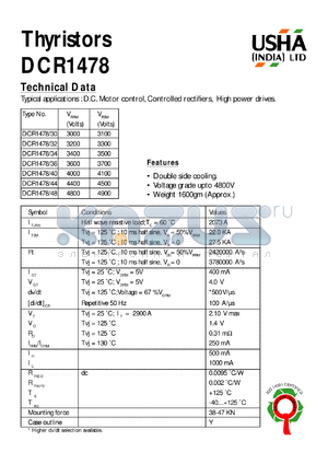 DCR1478/32 datasheet - Thyristor. Vrrm = 3200V, Vrsm = 3300V. D.C. motors control, controlled rectifiers, high power drives.