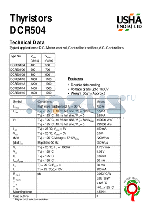 DCR504/06 datasheet - Thyristor. Vrrm = 600V, Vrsm = 700V. D.C. motor control, controlled rectifiers, A.C controllers.