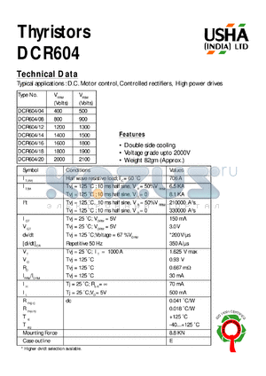 DCR604/08 datasheet - Thyristor. Vrrm = 800V, Vrsm =900V. D.C. motor control, controlled rectifiers, high power drives.