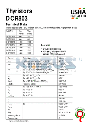 DCR803/16 datasheet - Thyristor. Vrrm = 1600V, Vrsm = 1700V. D.C. motor control, controlled rectifiers, high power drives.