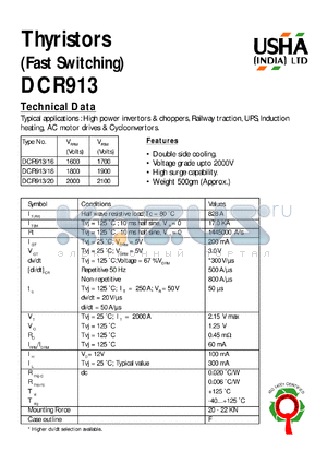 DCR913/16 datasheet - Thyristor(fast switching). Vrrm = 1600V, Vrsm = 1700V. High power invertors and choppers, railway traction, UPS, induction heating, AC motor drives and cyclconvertors.