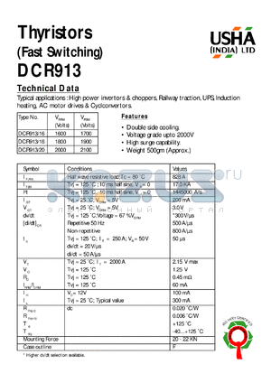 DCR913/20 datasheet - Thyristor(fast switching). Vrrm = 2000V, Vrsm = 2100V. High power invertors and choppers, railway traction, UPS, induction heating, AC motor drives and cyclconvertors.