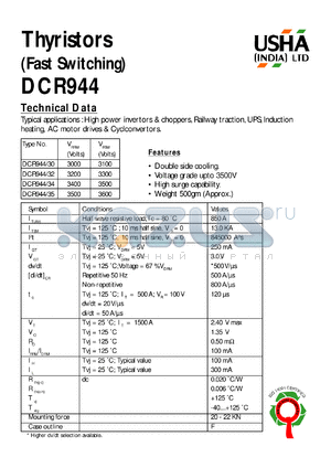 DCR944/30 datasheet - Thyristor(fast switching). Vrrm = 3000V, Vrsm = 3100V. High power invertors and choppers, railway traction, UPS, induction heating, AC motor drives and cyclconvertors.