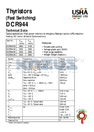 DCR944/35 datasheet - Thyristor(fast switching). Vrrm = 3500V, Vrsm = 3600V. High power invertors and choppers, railway traction, UPS, induction heating, AC motor drives and cyclconvertors.