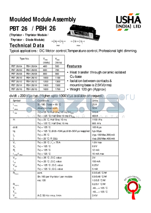 PBT26/04 datasheet - Moulded module assembly(thyristor-thyristor module). Vrrm = 400V, Vrsm = 500V. DC motor control, temperature control, professional light dimming.