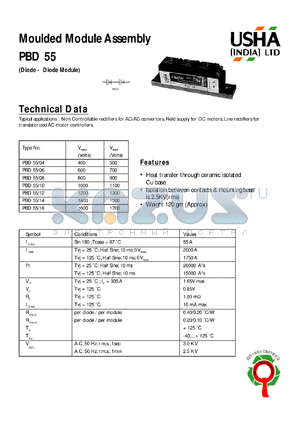 PBD55/06 datasheet - Moulded module assembly(diode-diode module). Vrrm = 600V, Vrsm = 700V. Non controllable rectifiers for AC/AC convertors, field supply for DC motors, line rectifiers for transistorized AC motor controllers.