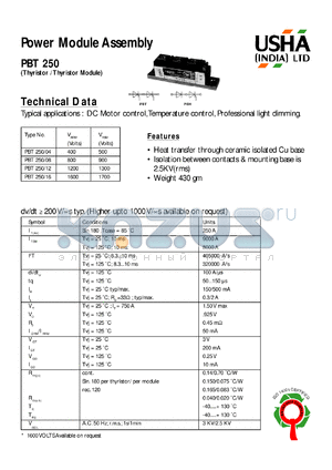 PBT250/04 datasheet - Moulded module assembly(thyristor/thyristor module). Vrrm = 400V, Vrsm = 500V. DC motor control, temperature control, professional light dimming.