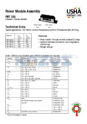 PBT250/08 datasheet - Moulded module assembly(thyristor/thyristor module). Vrrm = 800V, Vrsm = 900V. DC motor control, temperature control, professional light dimming.