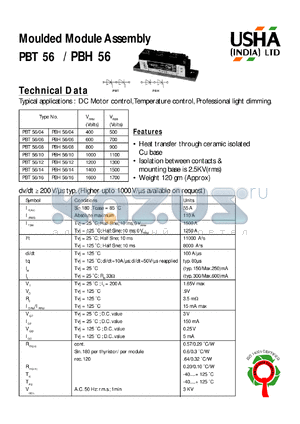 PBH56/08 datasheet - Moulded module assembly(thyristor-diode module). Vrrm = 800V, Vrsm = 900V. DC motor control, temperature control, professional light dimming.
