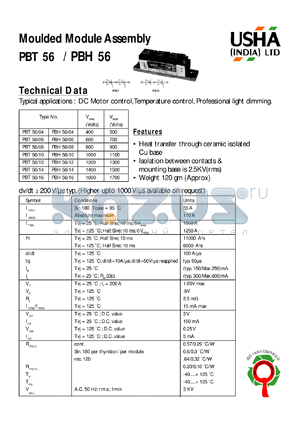 PBH56/14 datasheet - Moulded module assembly(thyristor-diode module). Vrrm = 1400V, Vrsm = 1500V. DC motor control, temperature control, professional light dimming.