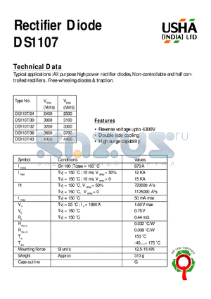 DS1107/36 datasheet - Rectifier diode. All purpose high power rectifier diodes, non-controllable and haft controlled rectifiers. Free-wheeling diodes & traction. Vrrm = 3600V, Vrsm = 3700V.