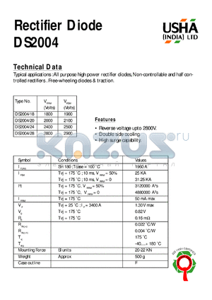 DS2004/24 datasheet - Rectifier diode. All purpose high power rectifier diodes, non-controllable and haft controlled rectifiers. Free-wheeling diodes & traction. Vrrm = 2400V, Vrsm = 2500V.