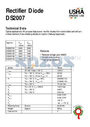 DS2007/30 datasheet - Rectifier diode. All purpose high power rectifier diodes, non-controllable and haft controlled rectifiers, free-wheeling diodes & traction (railway approved). Vrrm = 3000V, Vrsm = 3100V.