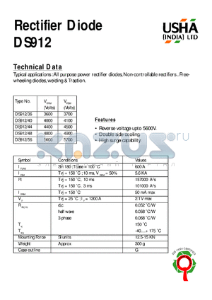 DS912/48 datasheet - Rectifier diode. All purpose high power rectifier diodes, non-controllable rectifiers. Free-wheeling diodes, welding & traction. Vrrm = 4800V, Vrsm = 4900V.