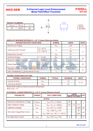 P3055LL datasheet - 25V; 6A N-channel logic level enhancement mode field effect transistor