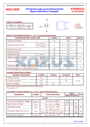 P45N02LD datasheet - 25V; 45A N-channel logic level enhancement mode field effect transistor