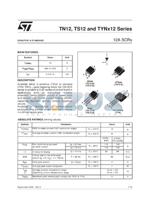 TYN1012T datasheet - 12A SCRs, 1000V, sensitivity 15mA