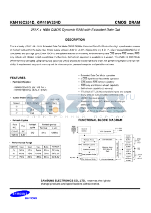 KM416C254DJ-5 datasheet - 256K x 16Bit CMOS dynamic RAM with extended data out, Vcc=5.0V, 50ns, 8ms refresh period