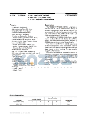 V29C51004B-70T datasheet - 4megabit (524,288 x 8bit) 5V CMOS flash memory