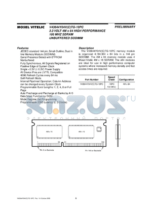 V43644YO4VCTG-10PC datasheet - 3.3V 4M x 64 high performance 100MHz SDRAM unbuffered SODIMM