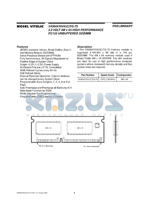 V43644YO4VTG-75 datasheet - 3.3V 4M x 64 high performance PC133 unbuffered SODIMM