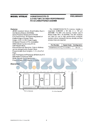 V43648Y04VTG-75 datasheet - 3.3V 8M x 64 high performance PC133 unbuffered SODIMM