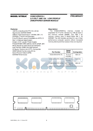 V436516R04VLTG-75PC datasheet - 3.3V 16M x 64 low profile unbuffered SDRAM module