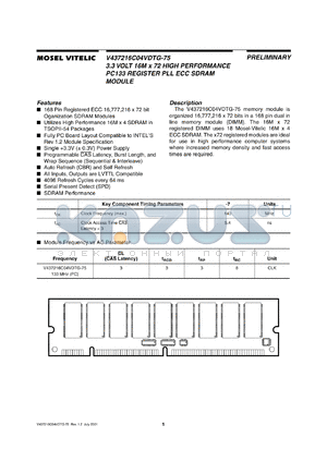 V43716C04VDTG-75 datasheet - 3.3V 16M x 72 high performance PC133 register PLL ECC SDRAM module