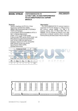 V43716C04VCTG-75 datasheet - 3.3V 16M x 72 high performance PC133 unbuffered ECC SDRAM module