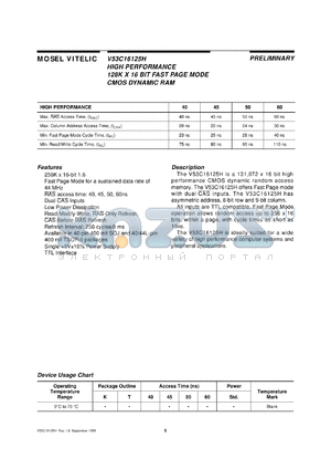 V53C16125HT50 datasheet - 128K x 16bit high performance fasr page mode CMOS dynamic RAM