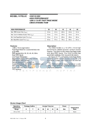 V53C16126HT30 datasheet - High performance 128K x 16bit fast page mode CMOS dynamic RAM