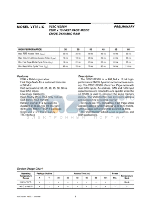 V53C16256HT30 datasheet - 256K x 16bit fast page mode CMOS dynamic RAM