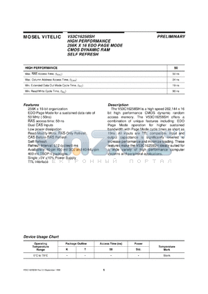 V53C16258SHK50I datasheet - High performance 256K x 16 EDO page mode CMOS dynamic RAM with optional self refresh