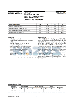 V53C808SHK50 datasheet - High performance 1M x 8bit EDO page mode CMOS dynamic RAM