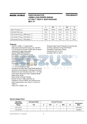 V55C2128164SAB10 datasheet - 128MB low-power SDRAM 2.5V 8M x 16