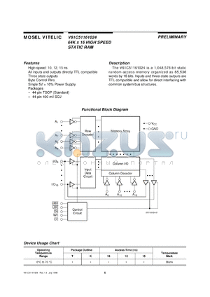 V61C51161024-10T datasheet - 64K x 16 high speed static RAM