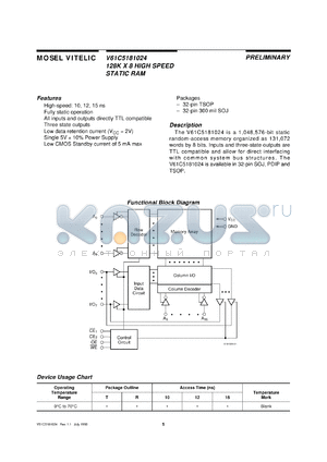 V61C5181024-10T datasheet - 128K x 8 high speed static RAM